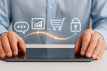 Professional business hands using tablet with glowing digital icons for communication, presentation, shopping, security, innovation, technology, growth, connectivity