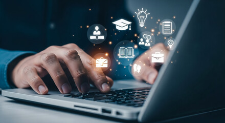 Close-up of a person's hands typing on a laptop keyboard with digital icons floating above.