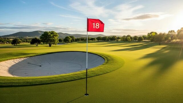 Golf course view on sunny day featuring flag number eighteen waving in wind. Green golf course for leisure activity and professional sport with nobody around.