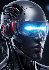 Fototapeta premium Futuristic android portrait with glowing eyes and intricate machinery
