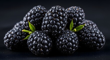 Flying cluster of blackberries with dewdrops,