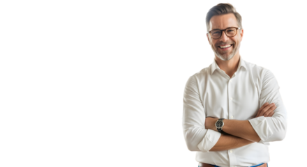 Portrait of a Smiling, Confident Businessman in Glasses with Arms Crossed, Exuding Professionalism and Approachability Against a Bright White Background