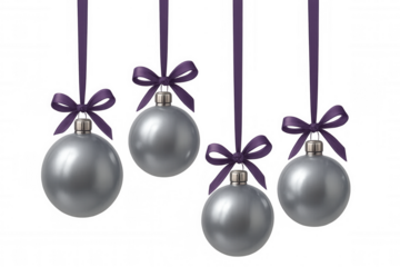 Silver christmas baubles hanging on purple ribbons with bows, festive holiday decoration on transparent background