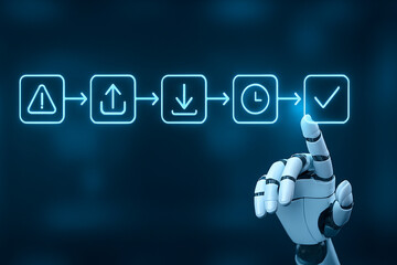 Robotic hand interacting with futuristic digital workflow interface showing process automation icons upload download timer approval check for technology efficiency