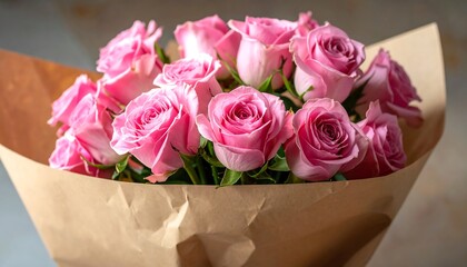Beautiful bouquet of pink roses wrapped in kraft paper
