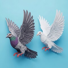 Obraz premium Two realistic toy pigeons with outstretched wings in flight against a solid blue background