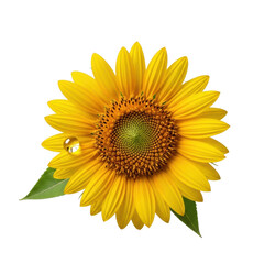 Fototapeta premium Vibrant yellow sunflower, radiating petals, intricate dark brown center, green leaves, glistening dew drop on petal, isolated on transparent background. Concept of natural perfection and pristine