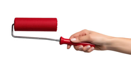 Hand holding red paint roller isolated on a transparent background 1