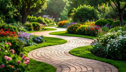 Fototapeta premium Beautiful Garden Pathway Winding Through Lush Flowers.