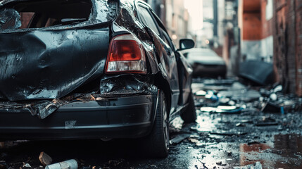 Abandoned wrecked car in a narrow urban alley after an accident