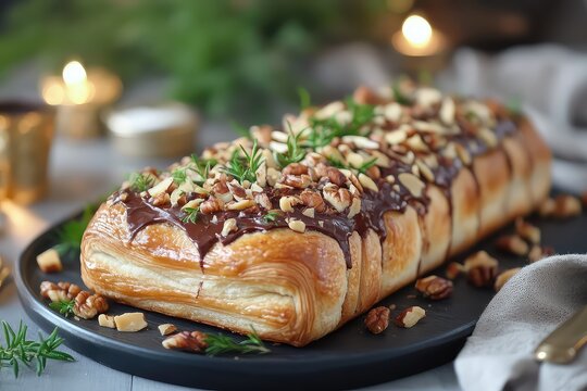 Puff pastry babka with a rich and buttery chocolate and nut filling