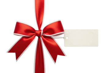 A luxurious, perfectly symmetrical red satin bow with crisp white edges and a premium cream gift tag, isolated on a transparent background with high-key studio lighting. Concept of elegant gift