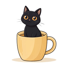 black cat with cup of coffee
