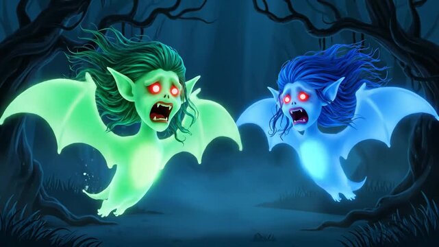 Cartoon Banshees in a Spooky Forest - This vibrant illustration depicts two cartoon banshees with strikingly bright hair and glowing eyes, set against a dark, misty forest background.