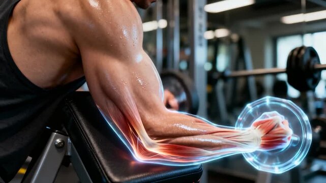 Strength Training Anatomy:  Biceps Exercise with Futuristic Overlay - Fitness Visualization in Multi-Language