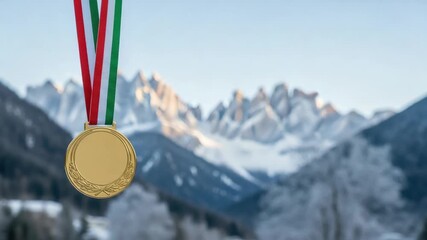 Gold medal hanging with Italian flag colors against snowy mountain peaks provides striking imagery. Gold medal symbolizes achievement, honor, and victory at winter games,