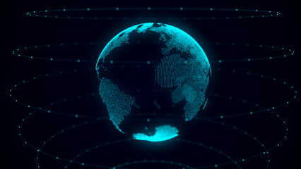 Network connection structure. Abstract technology background with digital connecting data on planet. Map Earth of dots. Blockchain concept. 3D rendering.