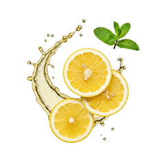 Macro shot of a vibrant, fresh-cut yellow lemon half, slices, and juice splash with mint sprig on a clean transparent background, high-key lighting, 45-degree top-down angle. Concept for refreshing