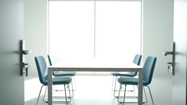 A bright, modern meeting room with a white table and blue chairs, viewed through two open doors.