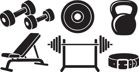 Vector icons set of gym equipment including dumbbells, barbell, and kettlebell