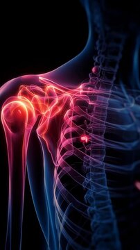 A skeleton with a red and purple arm. The arm is in pain. The skeleton is in a black background