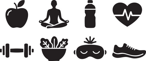 Nutrition and exercise icons set with yoga, heart, and hydration elements