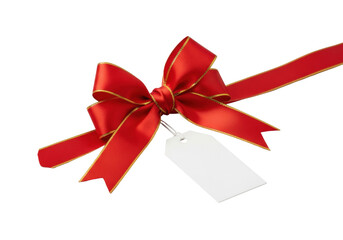 A luxurious red satin ribbon, meticulously tied into an elegant bow with delicate gold trim, rests beside a transparent gift tag on a solid transparent background, concept of luxury gift wrapping