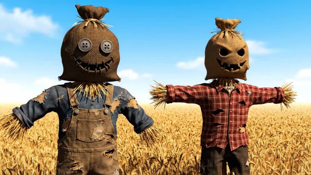Spooky Scarecrows in a Wheat Field - Two colorful scarecrows stand in a golden wheat field under a bright blue sky.