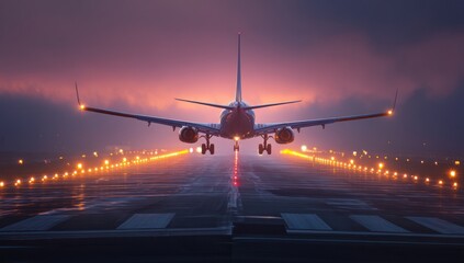 A large jetliner touches down smoothly on a runway illuminated by warm-toned lights at dusk.