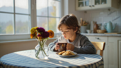 Teenager blows on a hot drink at the kitchen table by a sunlit window