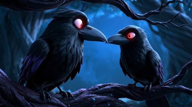 Enigmatic Cartoon Ravens in a Dark Forest - This vibrant video depicts two cartoonish ravens perched on a twisted tree branch, surrounded by a mystical dark forest.