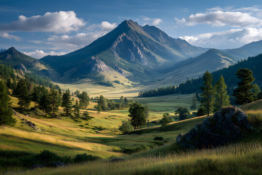 Beautiful landscape with valley and mountains on summer day. Valley of extinct volcanoes in Tunka park near Arshan village in Buryatia. Amazing nature, Eastern Sayan mountains, Siberia, Russia