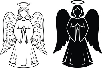 Angel illustration, praying figure with wings, spiritual silhouette design, decorative religious artwork, Christmas holiday vector, serene symbol drawing