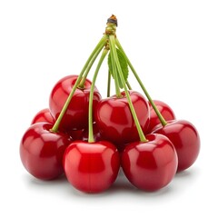 flying Fresh cherries with green stems,
