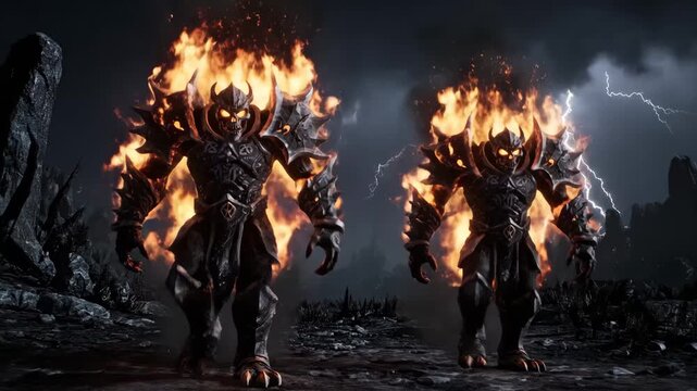 Burning Warriors in Dark Fantasy Scene - Two formidable warriors clad in dark, spiked armor and skull-like helmets stand engulfed in flames against a dark, stormy background.