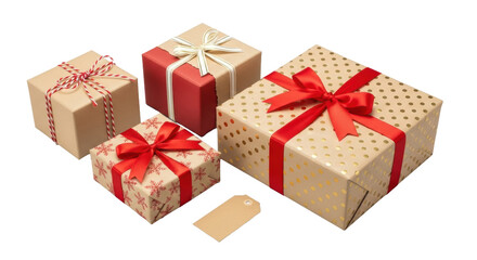 Obraz premium Four meticulously detailed kraft paper gift boxes in red, gold, and white, with an unadorned tag, staggered on a shadowless transparent background. Festive holiday product concept