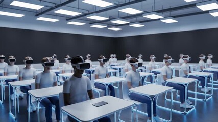 Virtual reality classroom technology education, metaverse, studying immersive experience, VR headsets students at lesson - Powered by Adobe