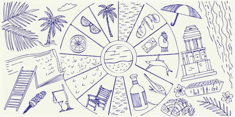 Obraz premium Whimsical hand drawn doodle art depicting a summer vacation and beach resort lifestyle elements arranged in a circular pattern