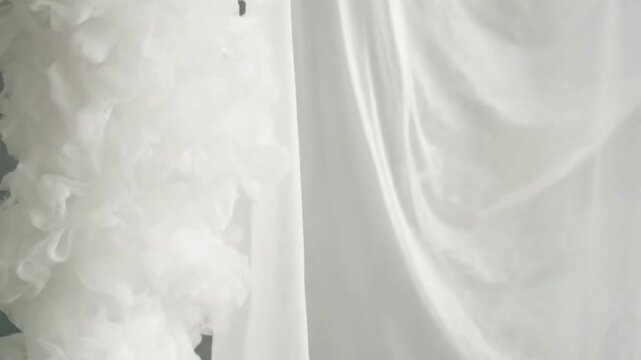 A close-up of contrasting white textures, with soft, fluffy ruffles beside a smooth, silky fabric.