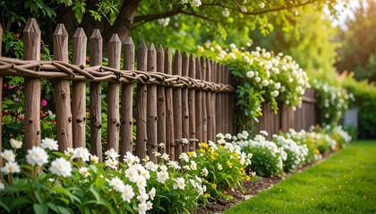 Naklejka premium Lush garden with wooden fence