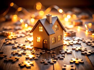 Charming miniature house surrounded by puzzle pieces and warm bokeh lights, creating a cozy and inviting atmosphere