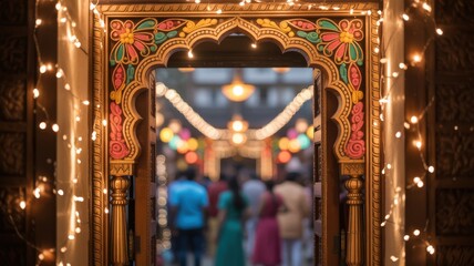 Ornate Indian Doorway Decorated With Lights entrance