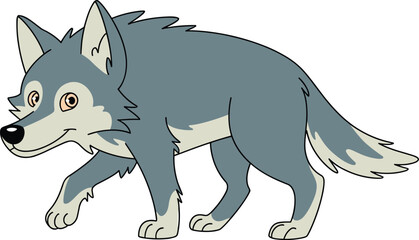 Cartoon wolf vector illustration, blue-gray walking animal character, friendly forest creature clipart, children’s educational design, stylized wildlife artwork