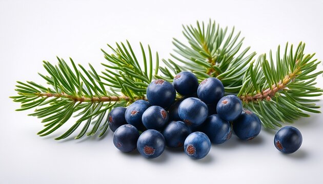 Juniper Berries With Green Needles In Nature For Culinary And Medicinal Uses On White Background