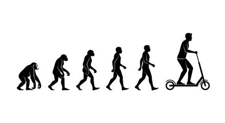The evolution of human transportation from primates to electric scooters.