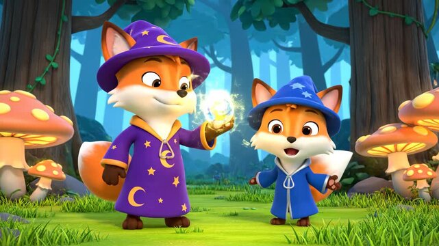Fox Wizards in a Forest - A digital cartoon video shows two fox characters dressed as wizards in a lush forest setting.