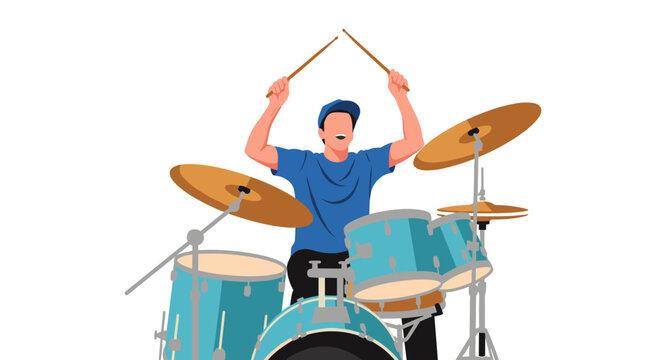 A man plays a drum set with enthusiasm and skill during a musical performance.