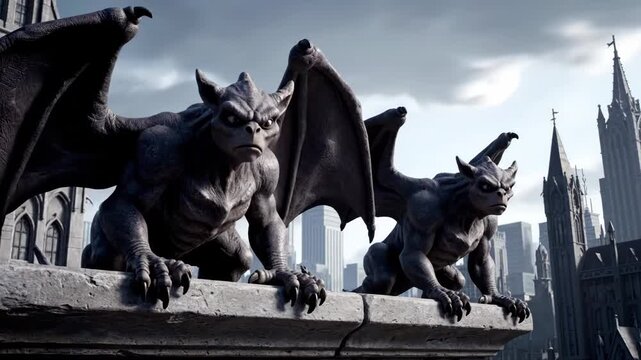 Gargoyles Overlooking Cityscape - Two stone gargoyles perch atop a building, overlooking a cityscape. The gargoyles have detailed wings, claws, and faces, set against a backdrop of tall buildings and