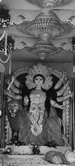 Idol of Goddess Devi Durga at a decorated puja pandal , Durga Puja is a famous and major religious traditional festival of Hinduism that is celebrated throughout the world.
