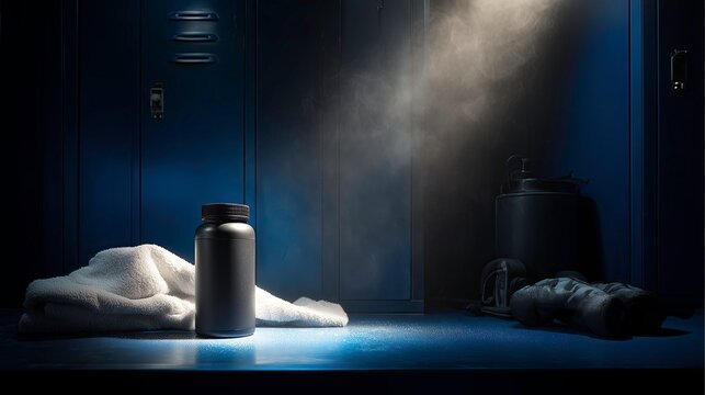 Dark locker room with fitness equipment and protein container  